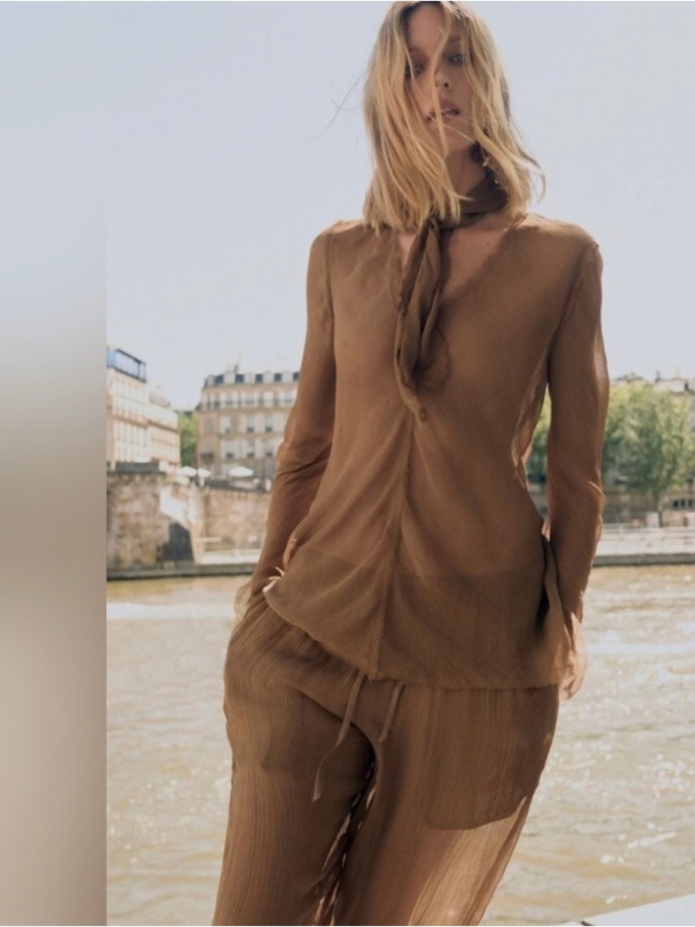 Zara Brown Bias Blouse with Neck Tie size SMALL NWT